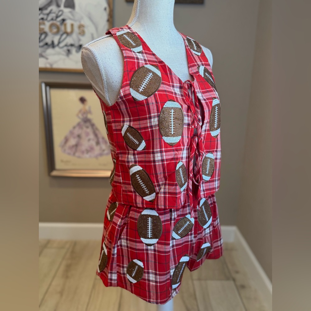 New! Rare SET! QUEEN OF SPARKLES Red Plaid Rhinestone Football Shorts & Tank - Picture 5 of 13